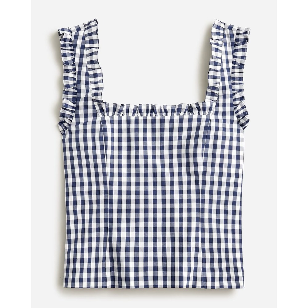 J. Crew Navy and White Gingham Ruffle Square Neck Cotton Poplin Top | Size Small